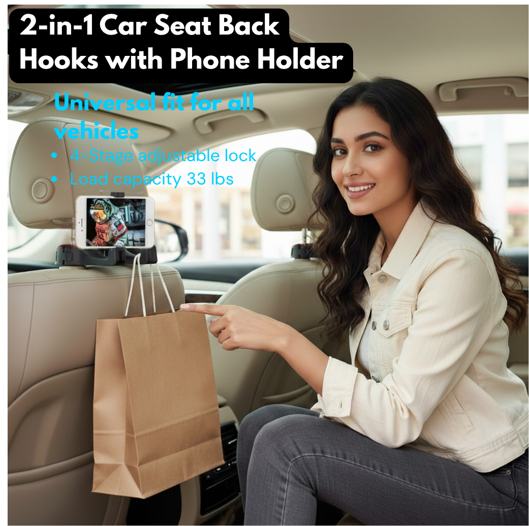 2-in-1 Car Seat Back Hooks with Phone Holder (Pack of 2)